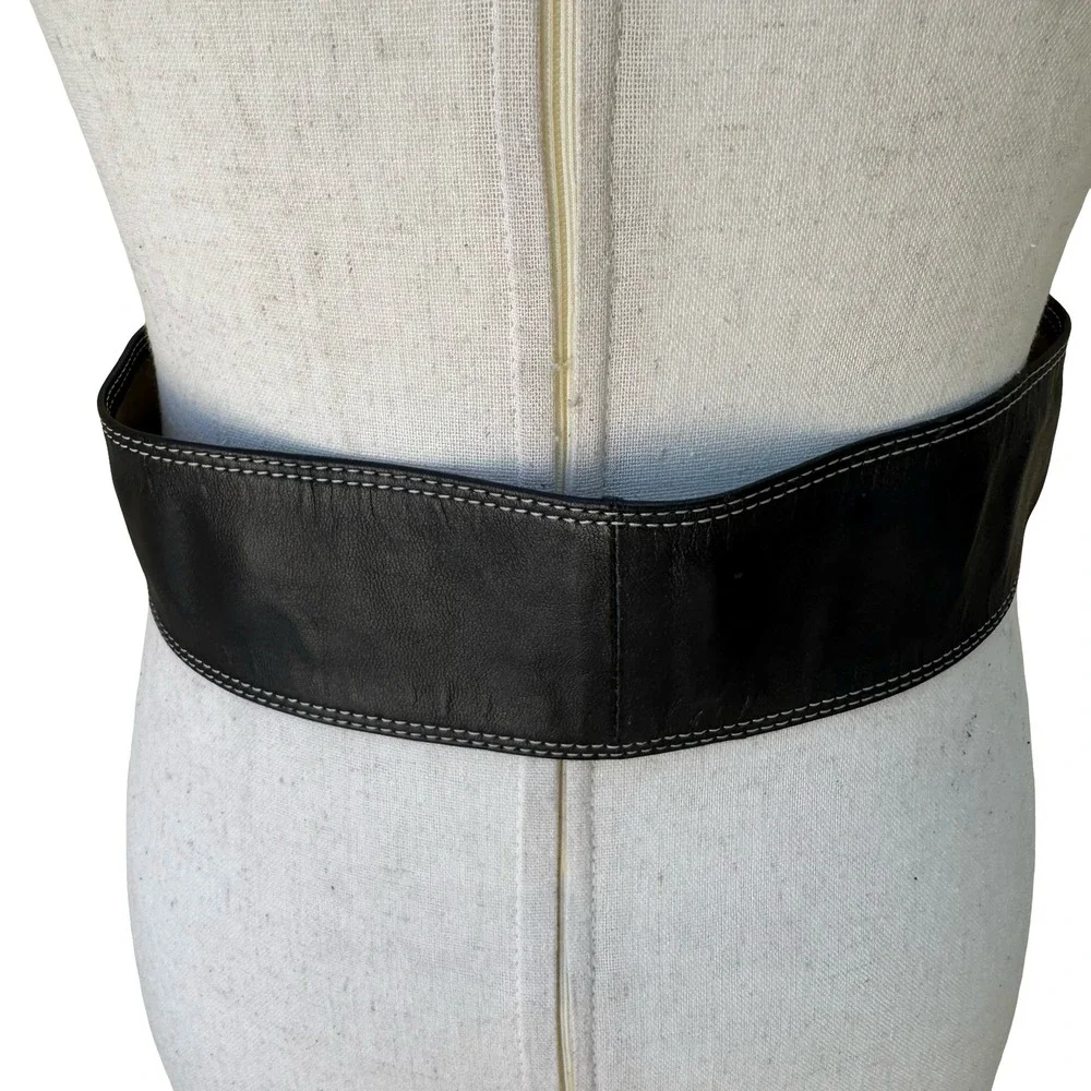 Tracy Reese Y2K Designer Edgy Boho Black Leather Wide Belt Orbital Buckle S